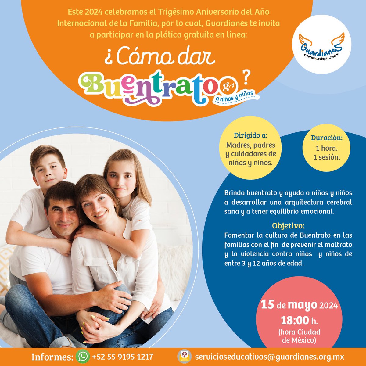 Guardianes, #sabíanque dar #buentrato a 👧🏽👧🏻 y 👦🏾👦🏼 no significa consentir y apapachar? 

Plática en linea “¿Cómo dar #buentrato a niñas y niños?  miércoles 15 de mayo / 6pm

Preregistro sin costo para recibir la liga de zoom: us06web.zoom.us/webinar/regist…

#todasytodossomosGuardianes