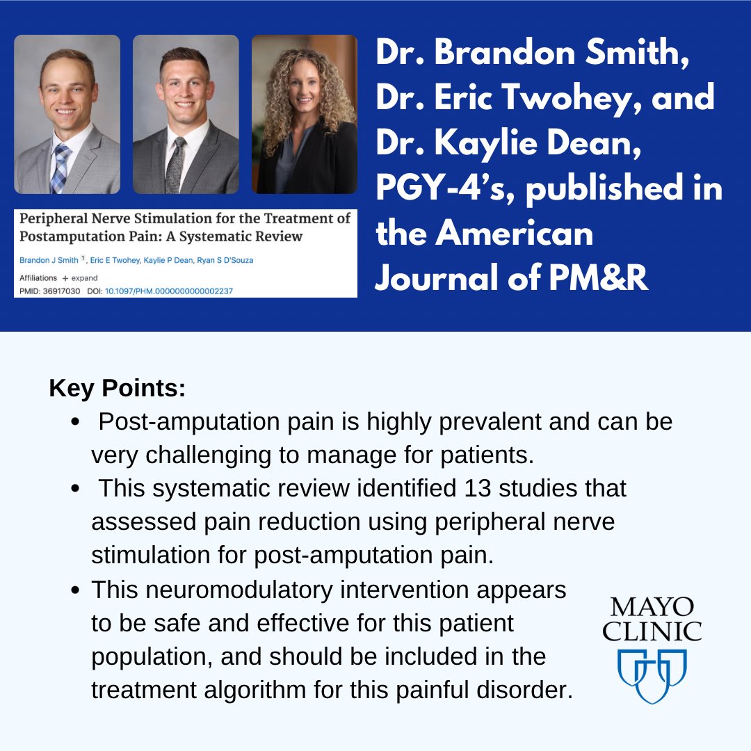 Congratulations to Dr. Brandon Smith, Dr. Eric Twohey, and Dr. Kaylie Dean on their publication, Peripheral Nerve Stimulation for the Treatment of Postamputation Pain: A Systematic Review. This was published in the American Journal of PM&amp;R. Way to go team!