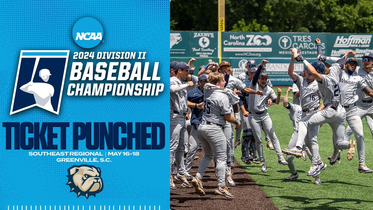 🎟️ TICKET PUNCHED 🎟️ For the 3rd time in the last 4 years & 9th time in program history, @WingateBaseball is in the @NCAADII Tournament! The SAC champs will face Mount Olive in the opener Thursday at North Greenville Story | shorturl.at/msAI4 #OneDog