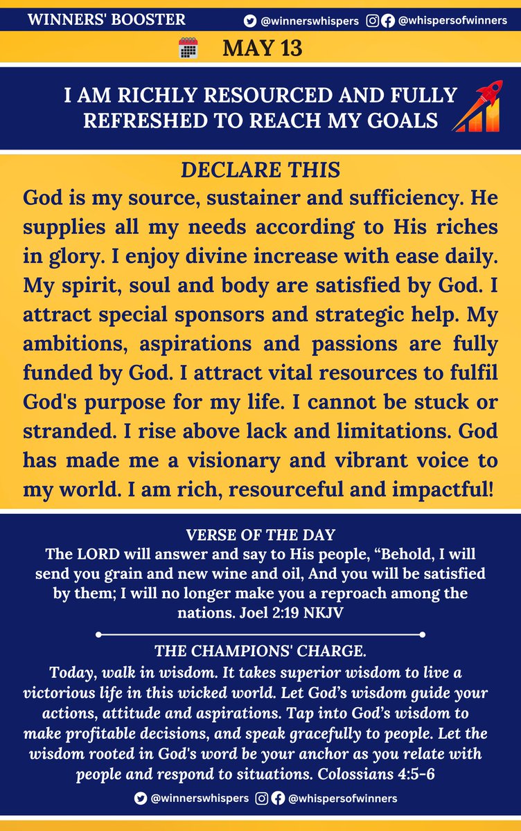 Declare this:

God is my source, my sustainer, and my sufficiency. He supplies all my needs according to His riches in glory. I enjoy divine increase with ease daily. My spirit, soul, and body are satisfied by God. I attract special sponsors and strategic help.
1/2