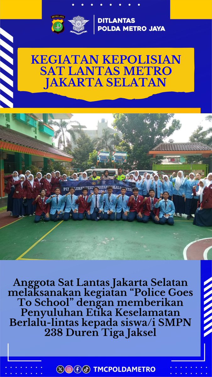 12.58 Anggota Sat Lantas Jakarta Selatan melaksanakan kegiatan “Police Goes To School” dengan memberikan Penyuluhan Etika Keselamatan Berlalu-lintas kepada siswa/i SMPN 238 Duren Tiga Jaksel.