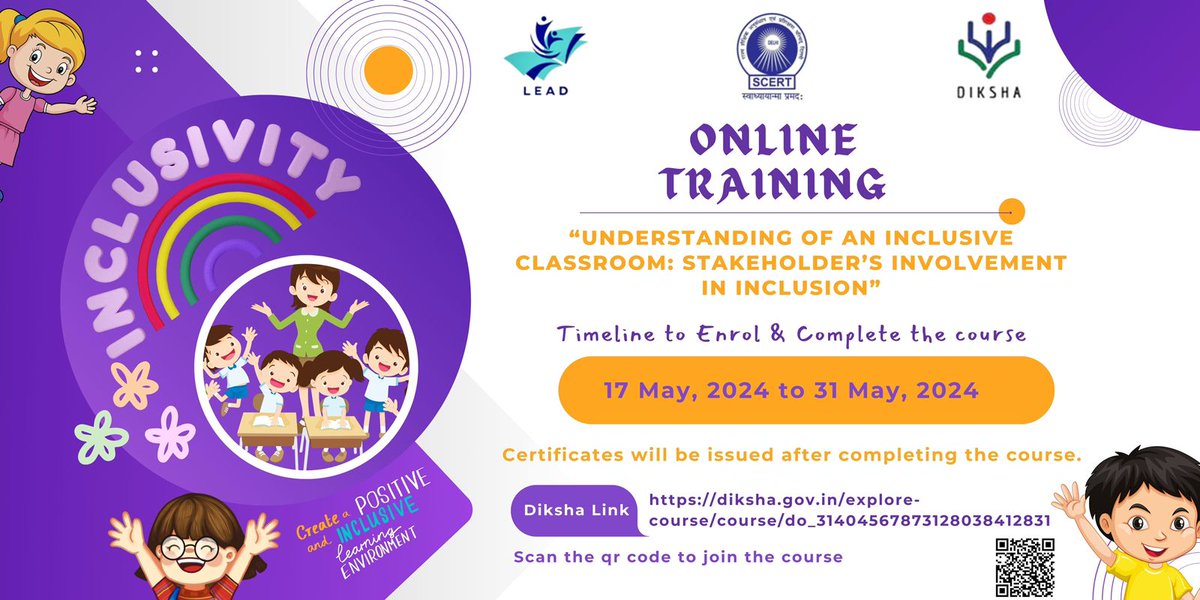 SCERT Delhi's online training on ’Understanding of an inclusive classroom- Stakeholder’s Involvement in Inclusion' via DIKSHA LEAD portal. Enrollment open from 17- 31, May 2024. Let's join Circular: bit.ly/3QCPxKT DIKSHA bit.ly/44GH8fn