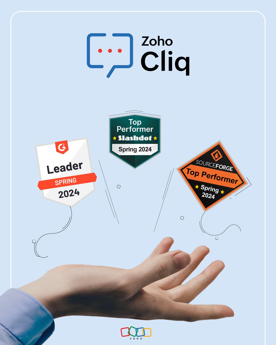 We're happy to announce that Zoho Cliq has been recognized as a 𝐋𝐞𝐚𝐝𝐞𝐫 in the Business Instant Messaging & #UCaaS Platforms category by @G2dotcom  and named a 𝐓𝐨𝐩 𝐏𝐞𝐫𝐟𝐨𝐫𝐦𝐞𝐫 by @sourceforge and @slashdot. Thanks to all our customers for being so supportive!