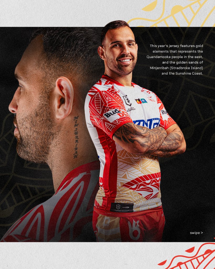 dolphinsnrl's tweet photo. 2024 Indigenous Round Jersey

This year’s jersey features gold elements that represents the Quandamooka people in the east, and the golden sands of Minjerribah (Stradbroke Island) and the Sunshine Coast. https://t.co/1k4Q4ugTSg