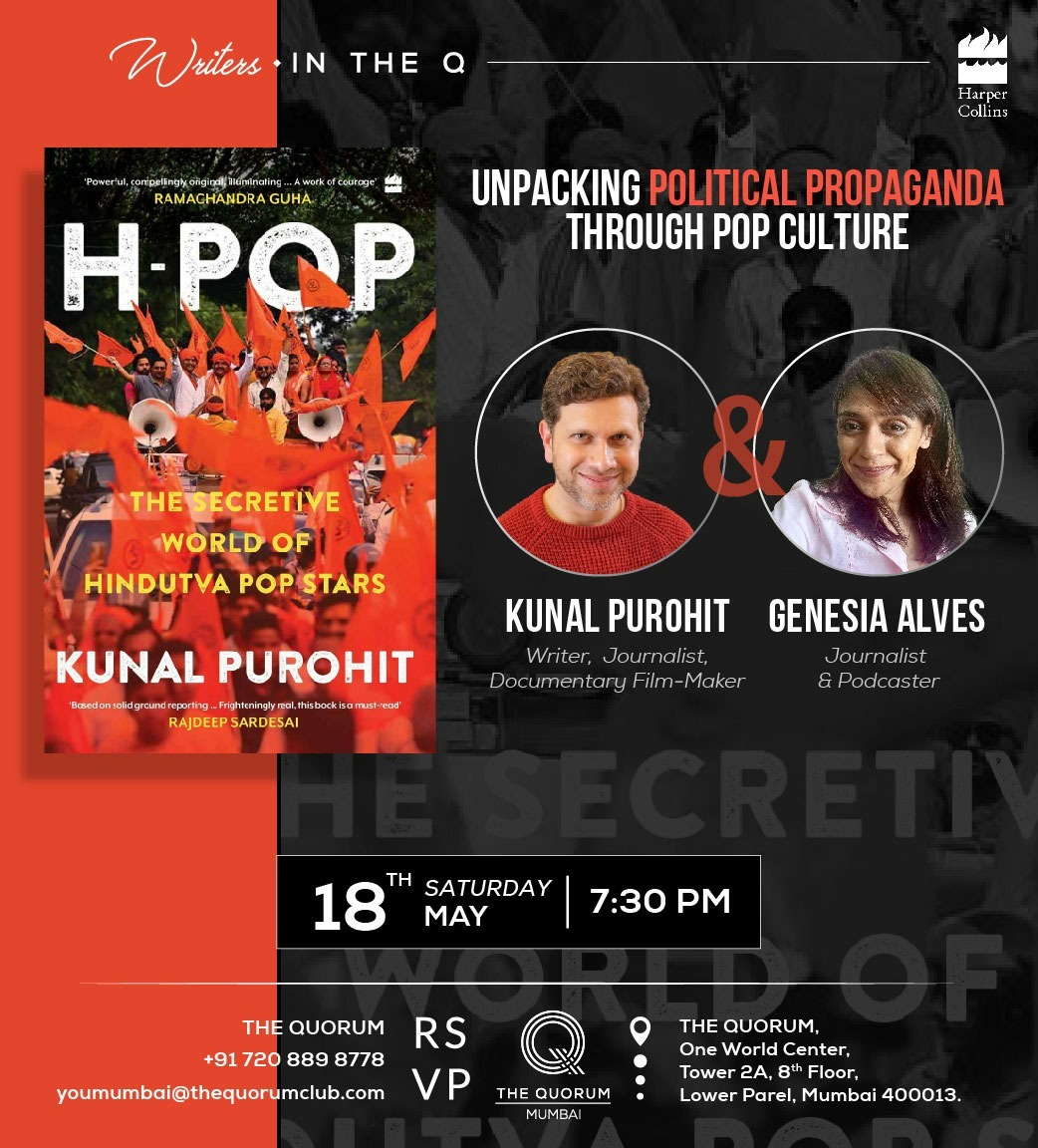 Friends in Mumbai: Two days before Mumbai goes to polls, I'll be in conversation with the terrific @genesiaalves, about H-Pop and the power of propaganda disguised as pop culture. Happening at The Quroum on the 18th, at 7.30pm. Do come. @swatichopra1 @HarperCollinsIN @jilpanz