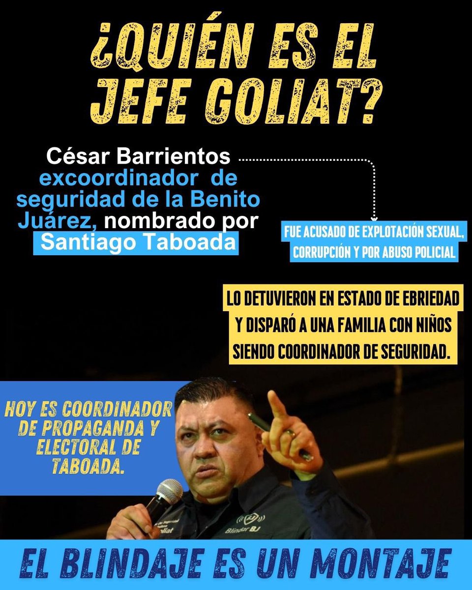 Estos son los delincuentes que conforman el Cártel Inmobiliario de Santiago Taboada: 

El Jefe Goliat un borracho y delincuente sexual coordinador de seguridad de Santiago Taboada.