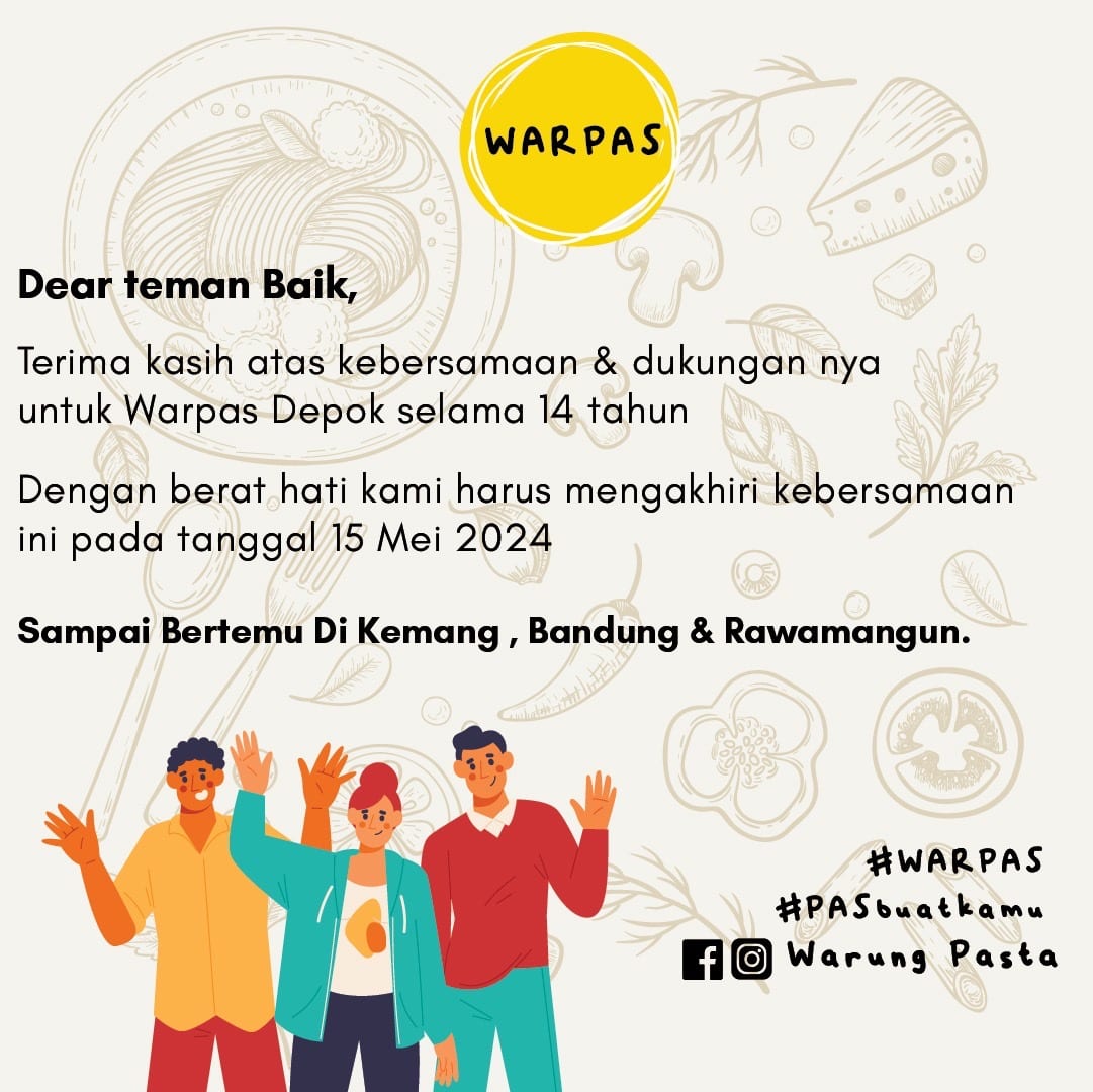 Ada pertemuan pasti ada perpisahan ,dear temanbaik #Warpas terkhusus untuk warga Depok &amp; Sekitarnya 

Dengan berat hati kami pamit &amp; harus mengakhiri kebersamaan ini , terima kasih Selamat 14 tahun untuk support Dan dukungan nya buat Warpas we love you 🥺❤️🙏