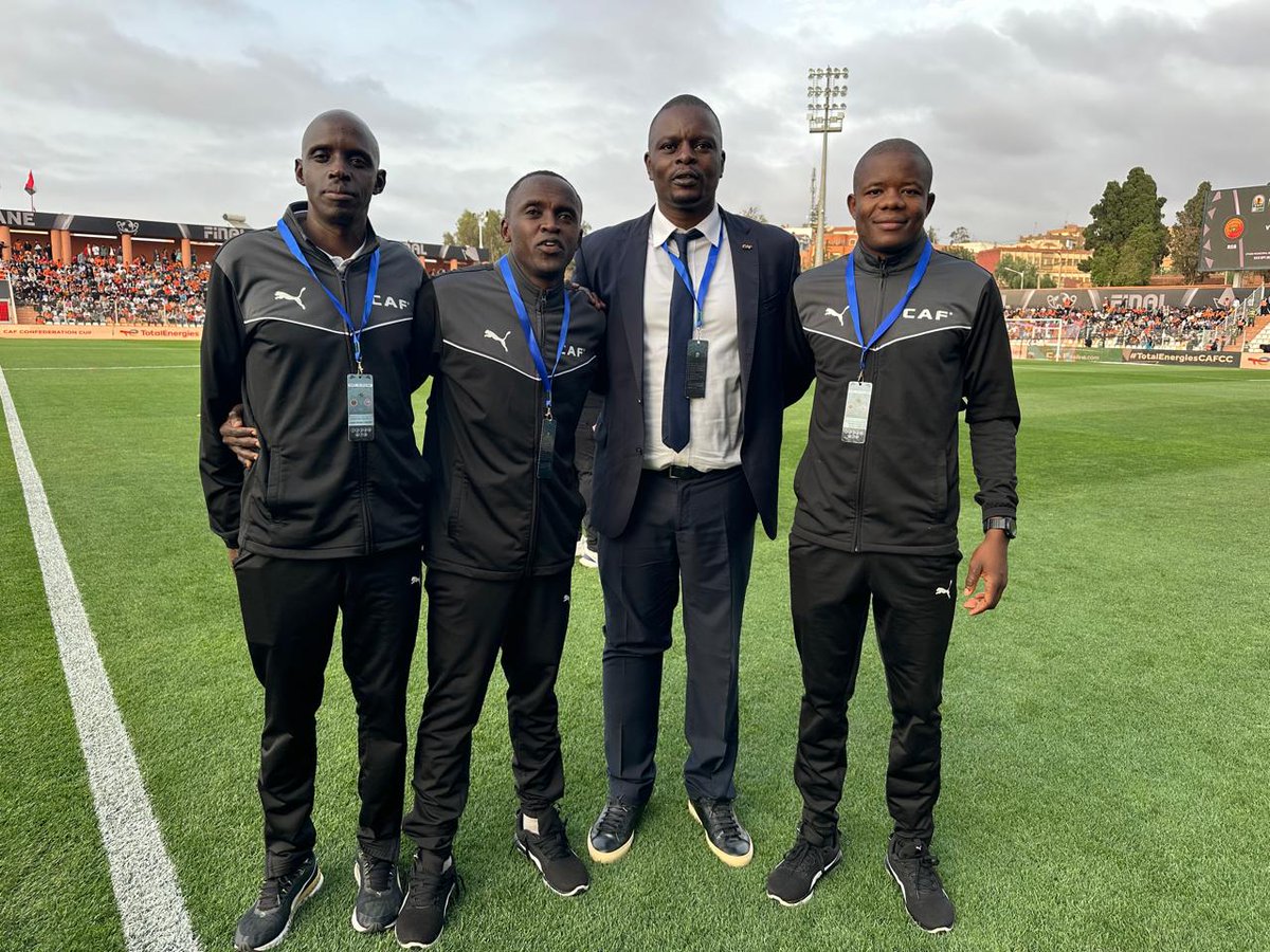 The Kenyan team in Berkane Morocco 🇲🇦 for the CAF Confederation Cup final first leg Referee Peter Waweru,Assistants Cheruiyot and Onyango and your truly . It was a beautiful game @soka25east