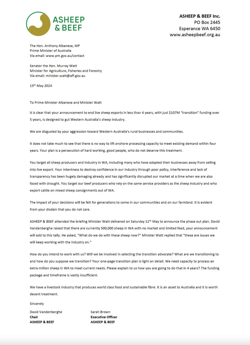 The anger &amp; shock in the livestock industry following the  Fed Gov's "phase out plan" for live sheep export is palpable. We stand with growers &amp; supply chain &amp; have sent this letter to Canberra. We won't stop there. WA politicians - stand up for your State &amp; our rural communities