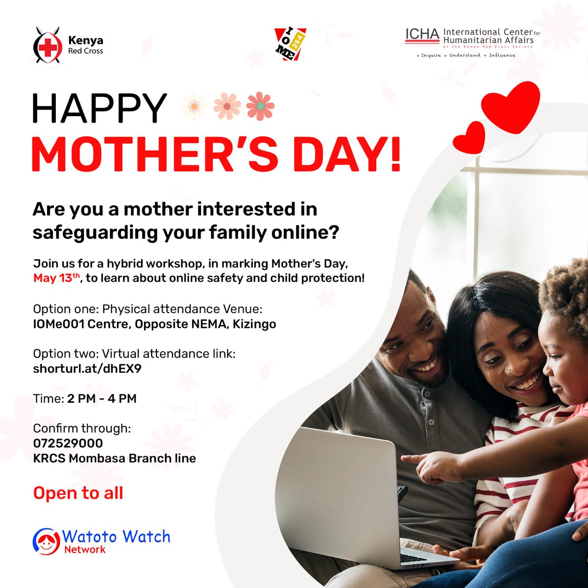 #Mother'sDay2024 In the spirit of Mothers Day💐 we have partnered with Redcross IOME 254 @iome254 to run a hybrid workshop today; Time: 2pm - 4pm Venue: IOMe001 Centre, Opposite Nema, Kizingo (Mombasa) Registration link: forms.office.com/r/D98XDHSS2a Confirm through - 0725292000-