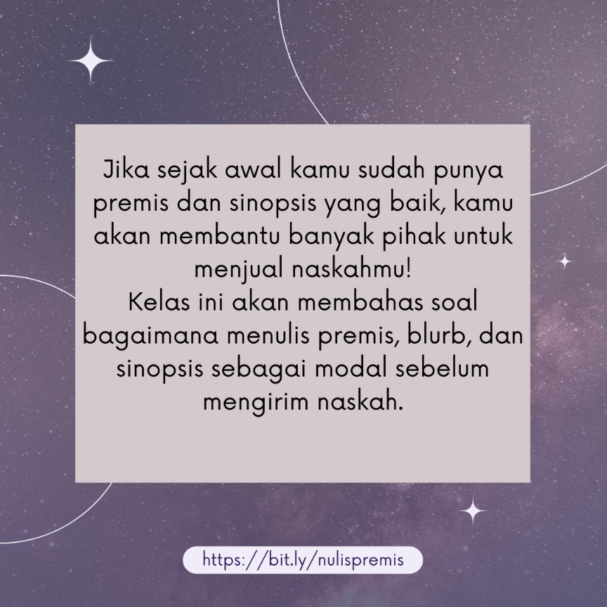 KELAS MENULIS GRATIS! Di kelas ini, kita akan membahas soal bagaimana menulis premis, blurb, dan sinopsis. Bakal ada sesi membedah sinopsis untuk peserta terpilih. Jadi, siapkan sinopsismu ya jika pengin dibedah.✨ Daftarnya di sini: bit.ly/nulispremis