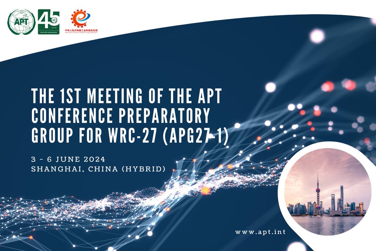 📢 APT EVENTS

The APT will organize the 1st Meeting of the APT Conference Preparatory Group for WRC-27 (APG27-1),  3-6 June 2024 in Shanghai, People’s Republic of China. 

Register ➡ apt.int/2024-APG27-1  (Deadline: 20 May 2024)

#APG27 #WRC27 #RADIOCOMMUNICATION