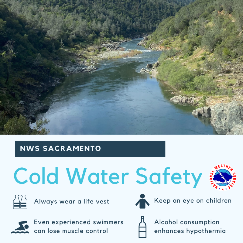 Even when the air is hot, the water can be cold! Rivers, streams, & creeks are very cold due to snow melt. Even experienced swimmers can lose muscle control very quickly. Use extreme caution and never go in the water alone! #CAwx
