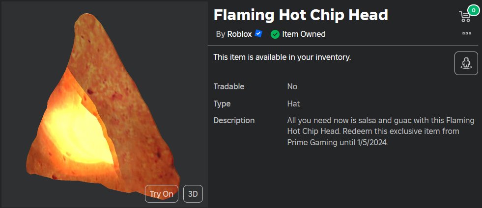 🎉 Flaming Hot Chip Head - Code Giveaway 🎉

📘 Rules:
- Must be following me + Like the tweet
- Reply with anything random

⏲️ 5 random winners will be picked tomorrow at 11 PM EST.
#Roblox #robloxgiveaway #robloxgiveaways #RobloxUGC