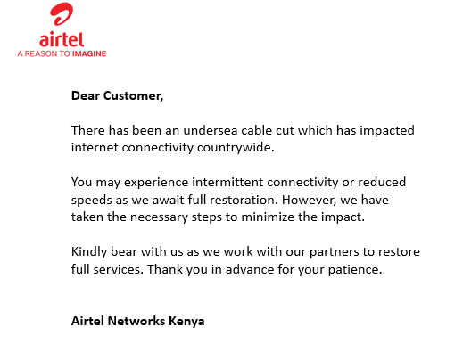 Airtel Kenya also issued a statement yesternight on the poor internet connectivity in Kenya: