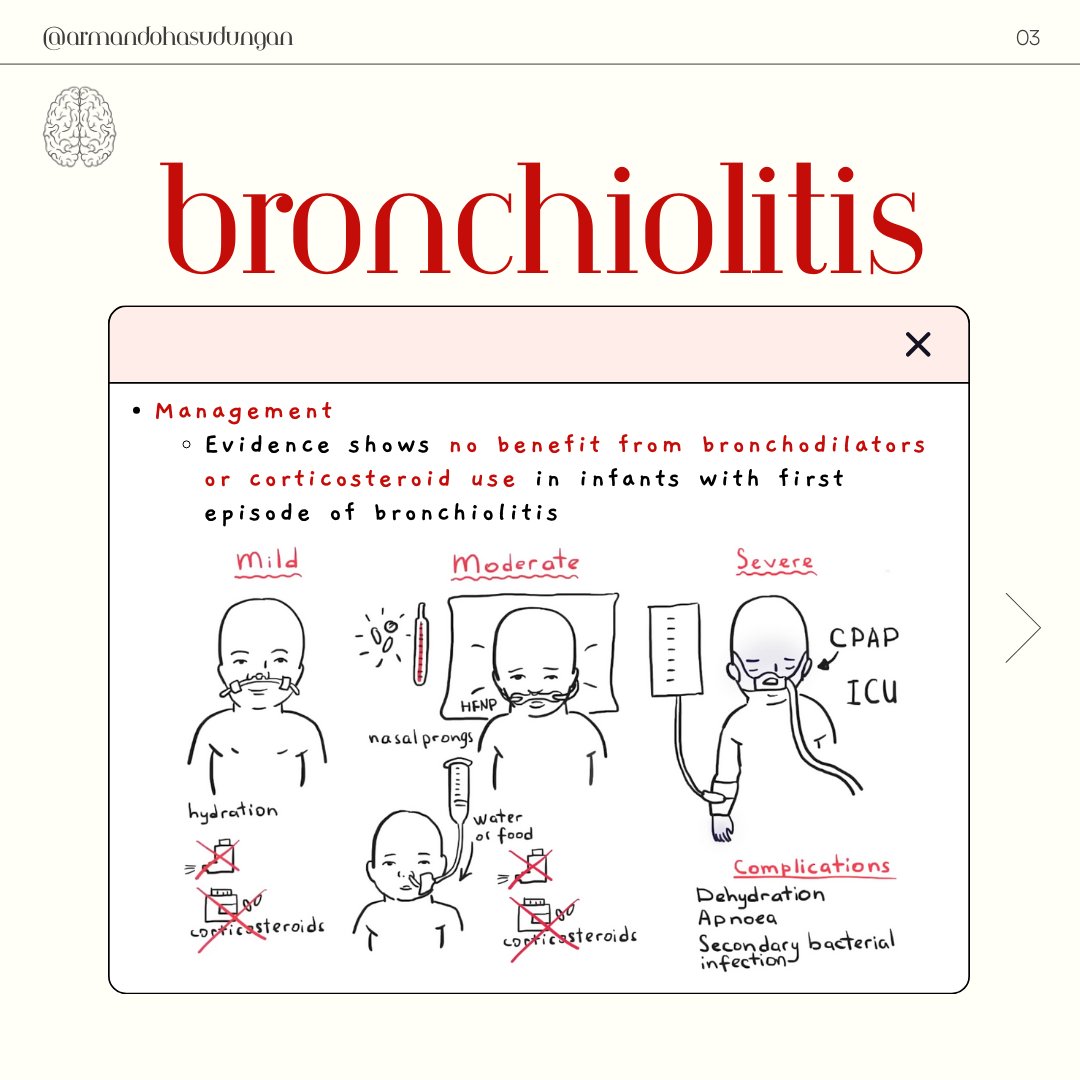 Bronchiolitis is inflammation of the bronchioles usually caused by the respiratory syncytial virus (RSV). It is usually self-limiting and treatment is supportive.

Watch the full video here: youtu.be/VcyQIiN5vGk?fe…
.
.
.
#Armando #bronchiolitis #paediatrics #medicalnotes
