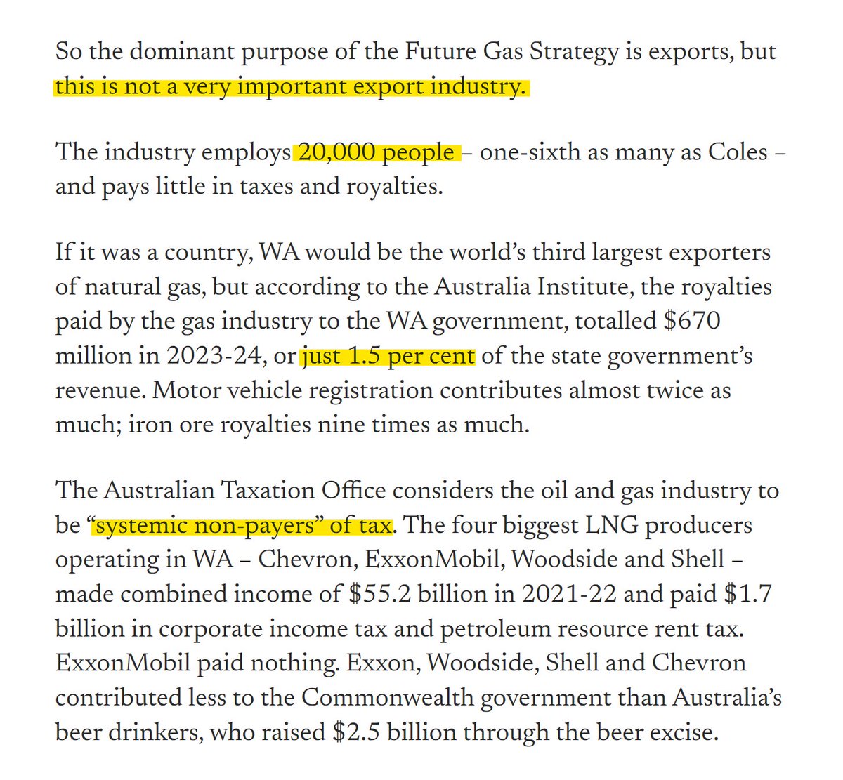 'The ATO considers the oil & gas industry to be “systemic non-payers” of tax.' 'So the dominant purpose of the Future Gas Strategy is exports, but this is not a very important export industry.' Excellent piece from @AlanKohler in @TheNewDailyAu. #auspol thenewdaily.com.au/finance/2024/0…