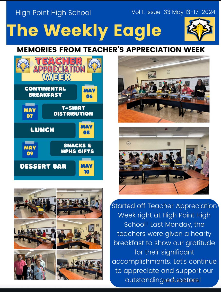 🦅The Weekly Eagle 📷 -the official newsletter of High Point High School.  Week of May 13-17, 2024 Vol 1 Issue 33
canva.com/design/DAGFEF0…
@pgcps
@DrCMarrow
@Dr_Ed_Ryans
@AreaSpecialist
#SoarTogetherRiseAsOne #HPUnited #newsletter 📷📷💙🦅