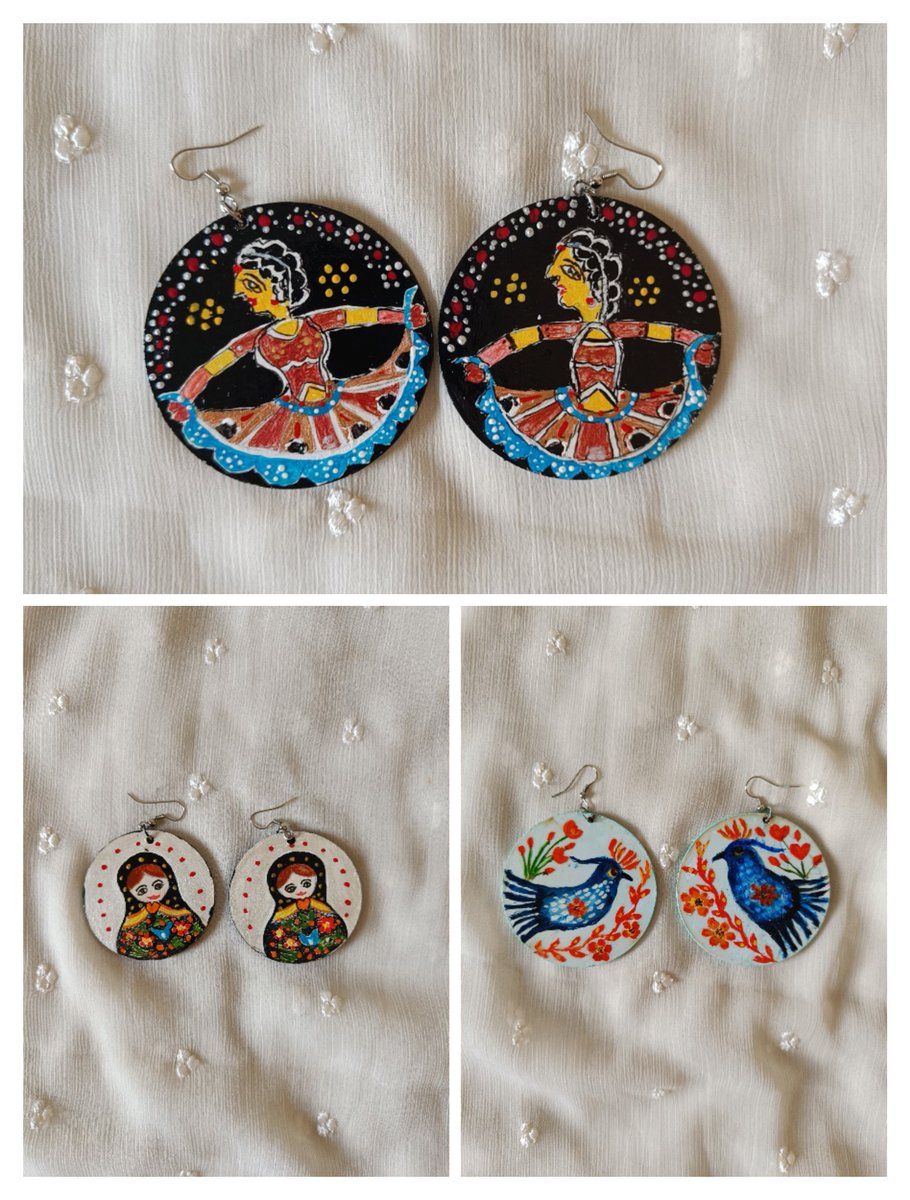 Which type of earrings would you like to buy? They're all handpainted on both sides. There's a surprise offer too. DM for buying details. See #PinnedTweet for more mdf wood creations. Visit my Instagram for more art to buy. Share to support. #handmadejewelry #jewellery #earrings