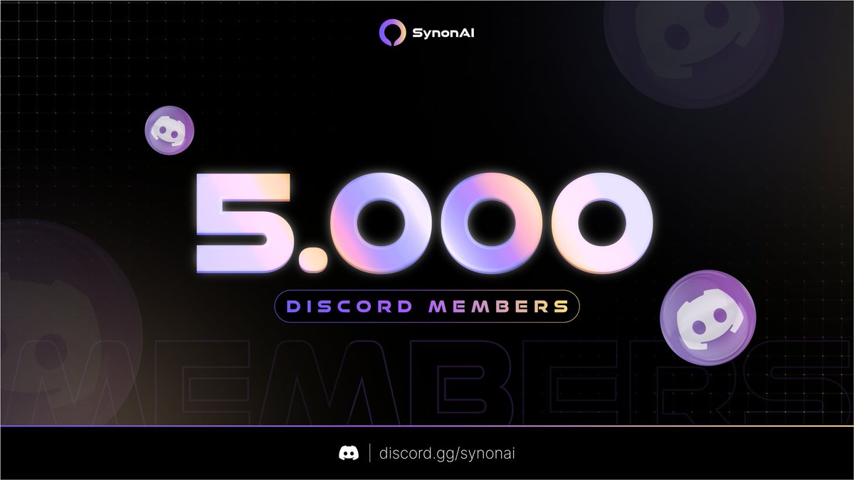 🎉 We've officially hit 5,000 members on SynonAI Discord server!

💌 A massive thank you to our incredible #SynonAI community for helping us reach 5,000 members!

That's 5,000 amazing people like you who are interested in the future of AI with SynonAI. To celebrate, let's hear…