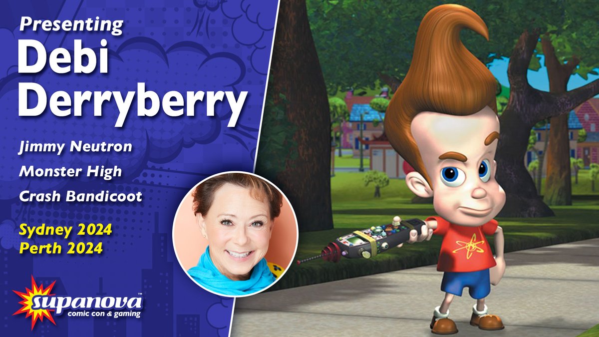 Supa-Star VA @DebiDerryberry brain blasts into #Sydnova and #Perthnova in June! Debi's inimitable pipes have provided the voice for Boy Genius Jimmy Neutron, Monster High's Draculaura, Coco Bandicoot, Wednesday Addams, and more! supa.fans/DDerryberry