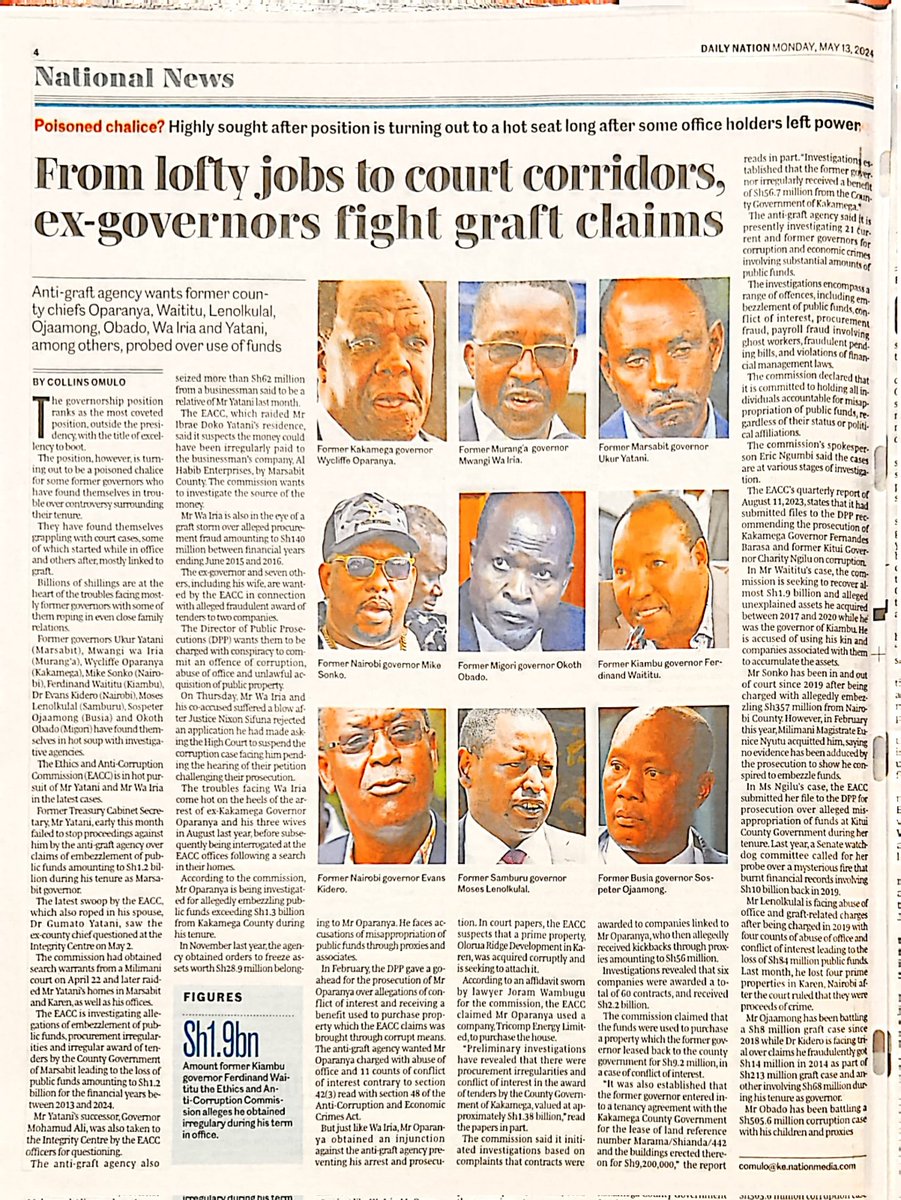 I'm a harsh critique of @EACCKenya. My beef is they are doing a good job but not an excellent one. These case against X governors are testimonials of the good job they are doing. EACC should however focus on ASSET RECOVERY and move away from criminal prosecution. I don't know