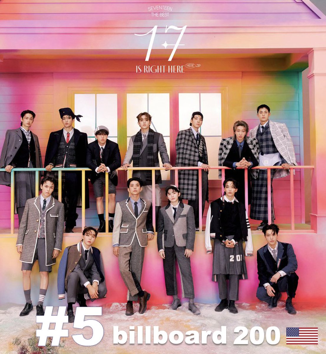 #SEVENTEEN's ‘17 Is Right Here’ debuts at No. 5 on the Billboard 200 with 53,000 equivalent album units including 49,000 pure sales! It's their 5th consecutive Top 10 album in the US! 💪💥5⃣🇺🇸✖️5⃣💿🔥👑🩷