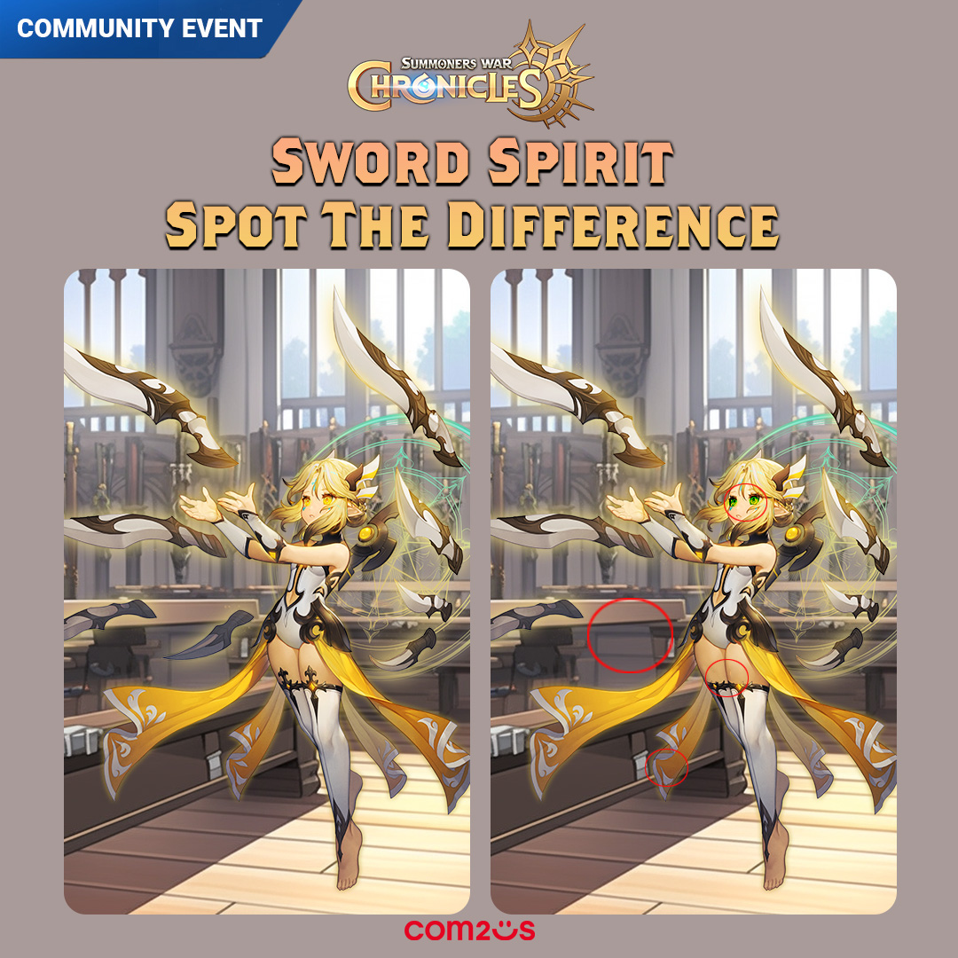 [Event] Spot the Differences Answer!

Did you guess correctly?👀
Thanks to everyone who participated in the 'Spot the Differences Event'!

The rewards have been sent out.
Be sure to claim your rewards from the Inbox📫! 

#SummonersWar #Chronicles #Com2us #CommunityEvent