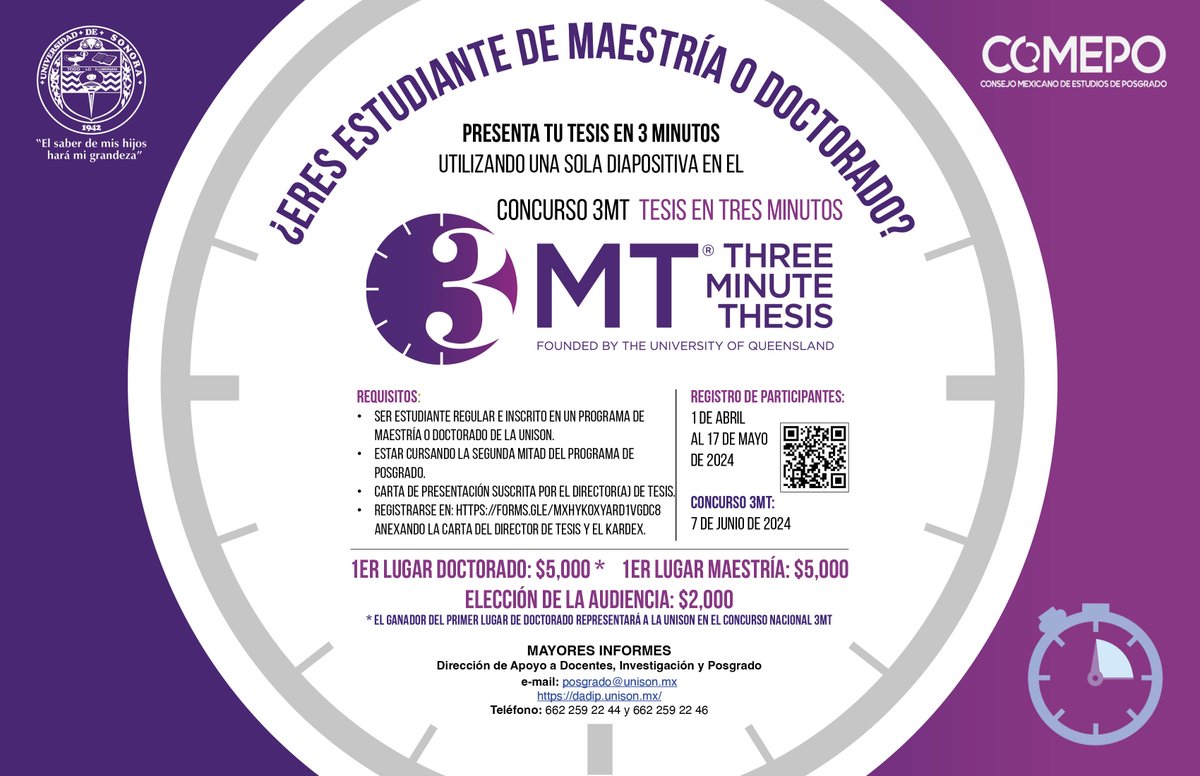 Estudiantes de posgrado, está por cerrar la convocatoria del concurso Tesis en Tres Minutos: dadip.unison.mx/concurso-insti… #3MT