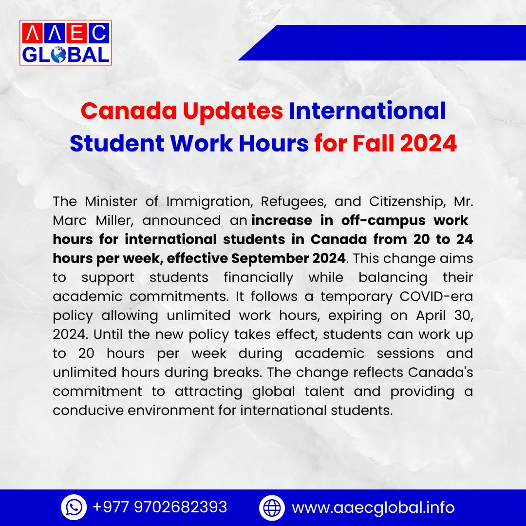 Canada Increases Off-Campus Work Hours for International Students to 24 Hours per Week Starting September 2024 🌏💼

#StudyInCanada #InternationalStudents #Canada #AAECGLOBAL