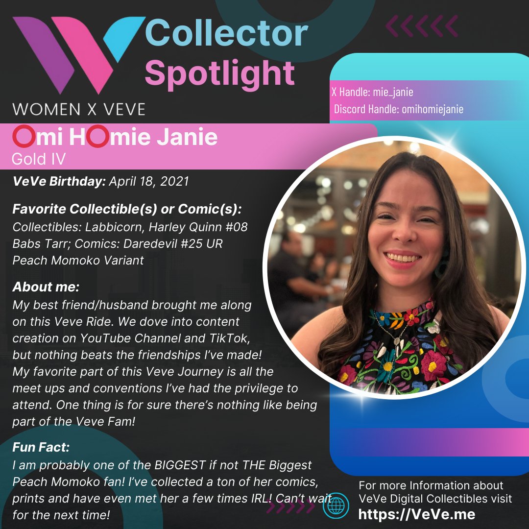 And another one!! If you want to participate, send us a DM.   

Continuing our WomenxVeVe Collector Spotlight: Meet @mie_janie! 💜🩷💙

@veve_official
#InspireInclusion