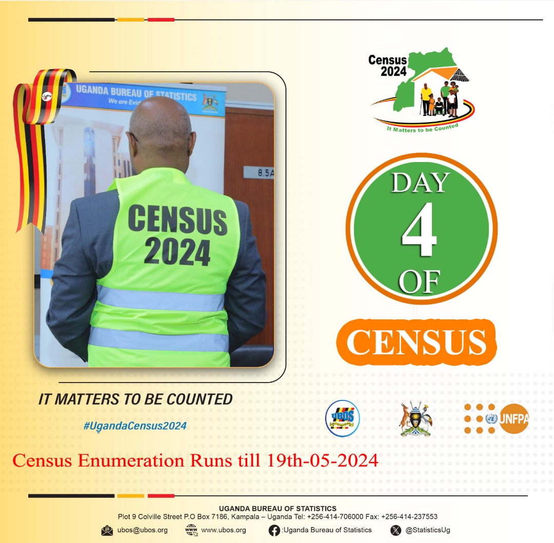 Good morning, Uganda. Today marks Day 4 of the ongoing #UgandaCensus2024. If the enumerator has not reached you yet, rest assured that they will visit before the 19th of May 2024. IT MATTERS TO BE COUNTED. @UNFPAUganda, @UBOS_ED, @StatisticsUg, @mofpedU,