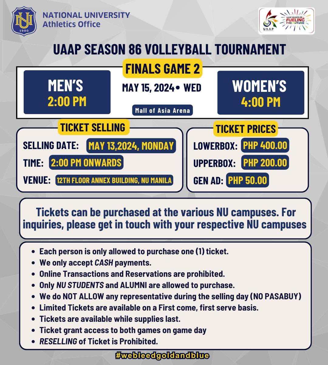 TICKET UPDATE: Per NU Athletics Office, ticket selling will start at 2pm today. Tickets are also available in other campuses.

#GoBulldogs #NULetsGo #UAAPSeason86