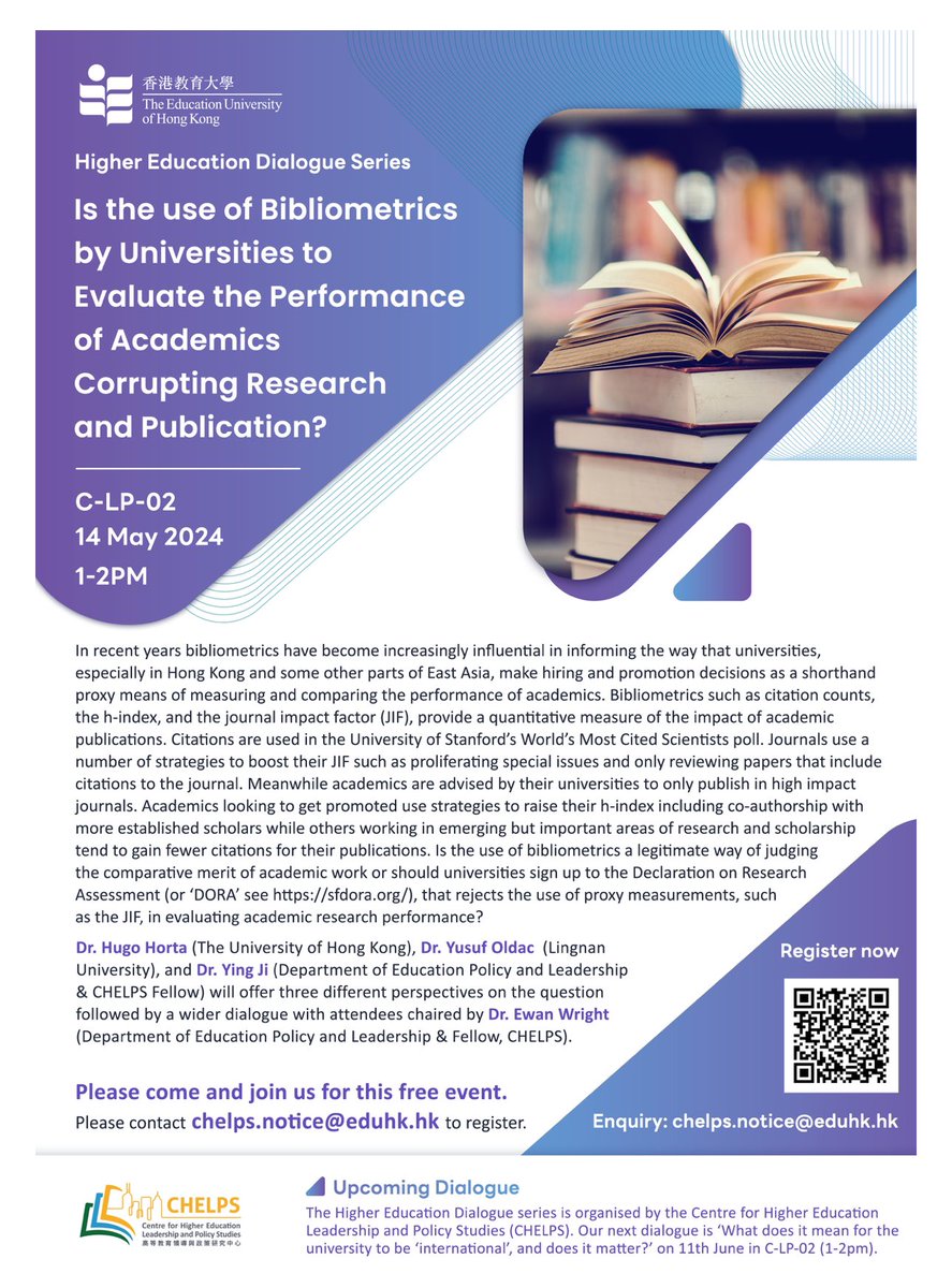 Tomorrow we will discuss the impact of #bibliometrics on #academic behaviour. 

This #HigherEducation #Dialogue will take place on Tai Po campus.

Join us by registering at eduhk.au1.qualtrics.com/jfe/form/SV_51…