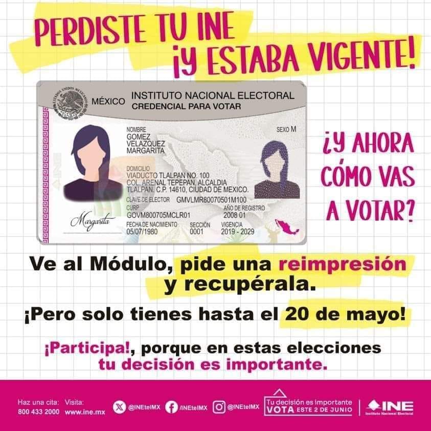 Si perdiste tu credencial para votar y estaba vigente, puedes acudir al módulo y solicitar una reimpresión.