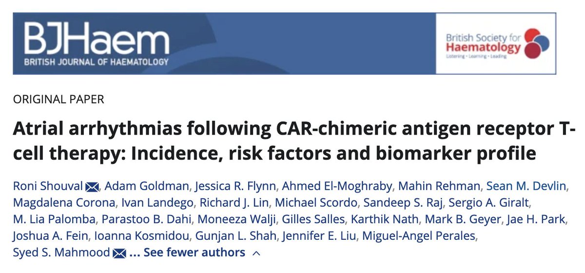 Happy to share our study on atrial arrhythmia following CD-19 targeting CAR-T , using the FAERS and a single-center retrospective registry. #CardioOnc onlinelibrary.wiley.com/doi/10.1111/bj… Privilege collaborating with @RShouval @Adam_goldman_ @DrMiguelPerales , and others. 🧵 1 / n