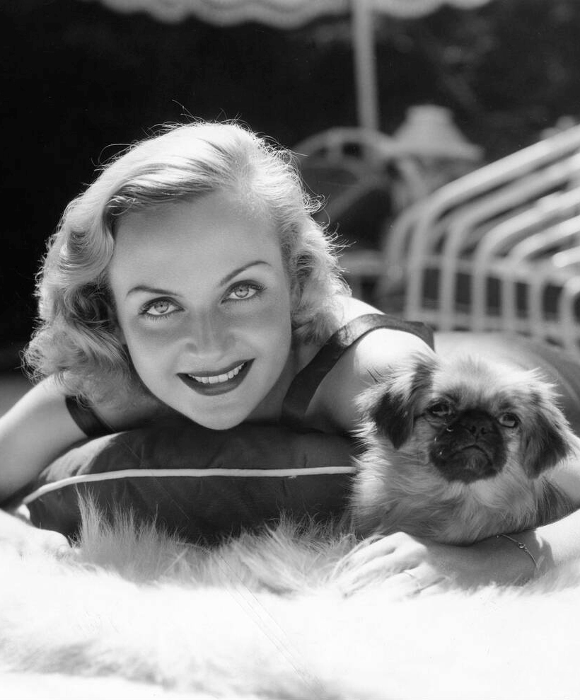 Carole Lombard with her Pekingese named “Pushface” on the patio of her Bel-Air home in 1935. Lombard also had a dachshund named “Commissioner” that ignored Clark Gable completely. After her death in 1942, the dog wouldn't leave his side. Photo by Paramount Pictures.