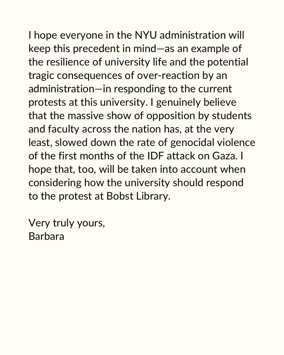 On Friday May 10, NYU suspended 9 students, including the president of NYU SJP and all the @nyupscoalition negotiators. Here is a letter from @BW_historiadora, Silver Professor of History, to the administration condemning these retaliatory punitive measures.