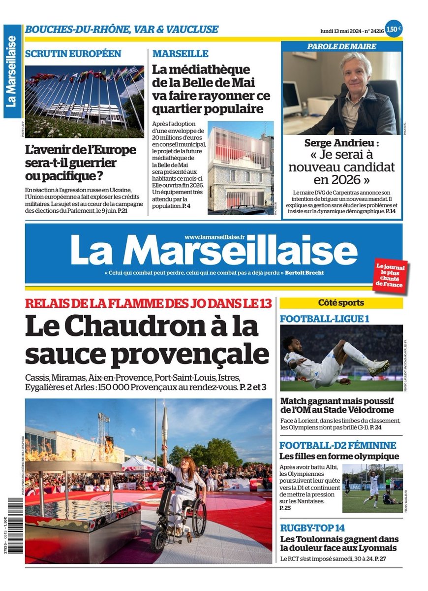 #ÀlaUne des 13 mai 2024 #JO2024 #Flamme #Paris2024 #Aix #Istres #Miramas #Carpentras #ParoleDeMaire #SergeAndrieu #Mediathèque #Marseille #OM #TeamOM #Rugby #RCT En kiosque et par abonnement sur lamarseillaise.fr