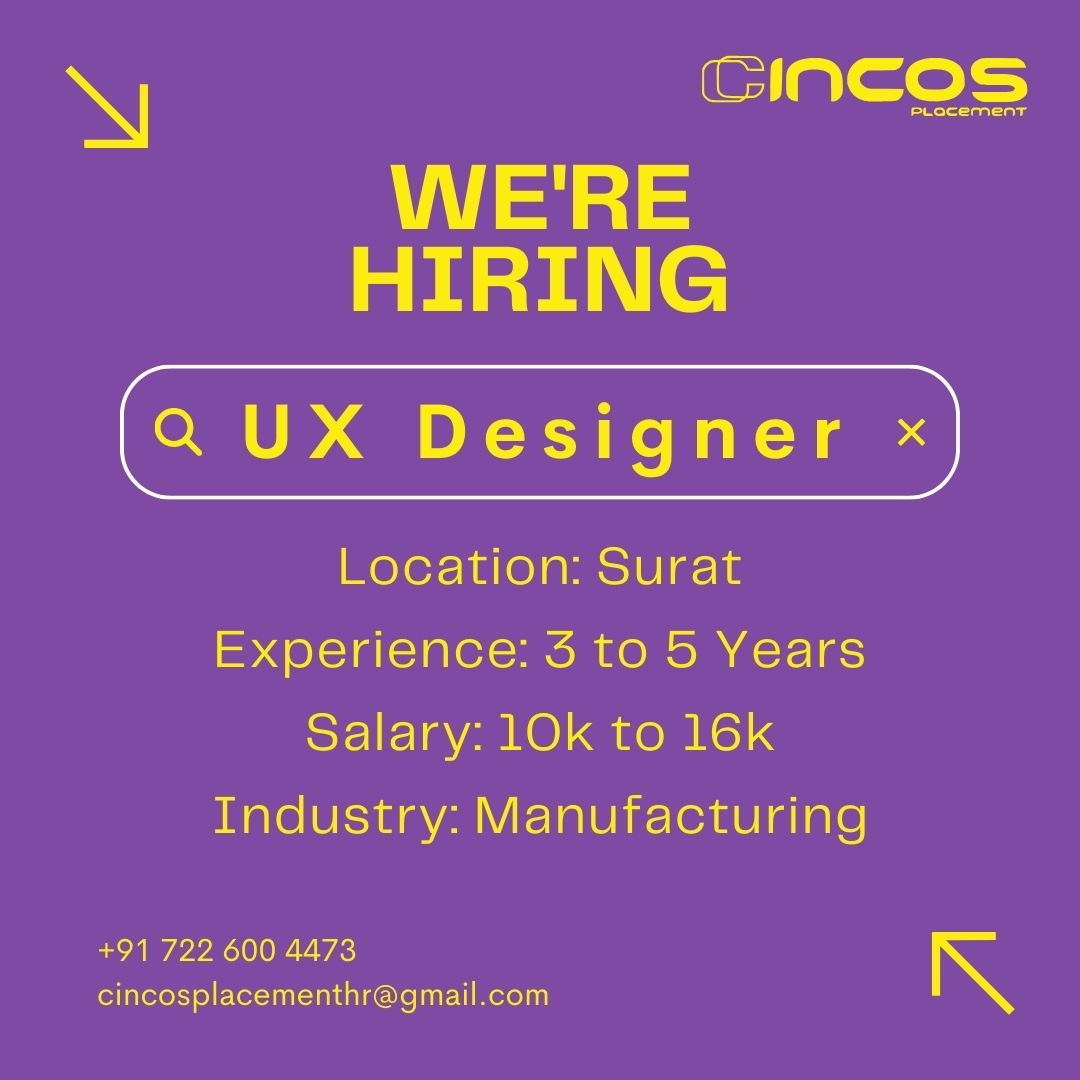 Join our team as a UX Designer with Top Job Consultancy in Surat. Shape user experiences creatively!

Contact Us
Phone: +91 72260 04473
#UXDesigner #SuratJobs #DesignInnovator #ApplyToday #BestHumanResourceAgencyInSurat #BestHumanResourceCompanyInSurat