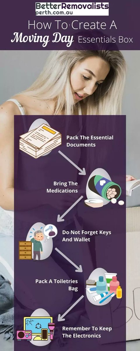 brperth's tweet image. Creating a moving day essentials box is a crucial step in ensuring a smooth &amp;amp; organized move. This guide contain all the essentials you'll need for the first few days in your new home, like toiletries, medications, important documents, and basic cleaning supplies.