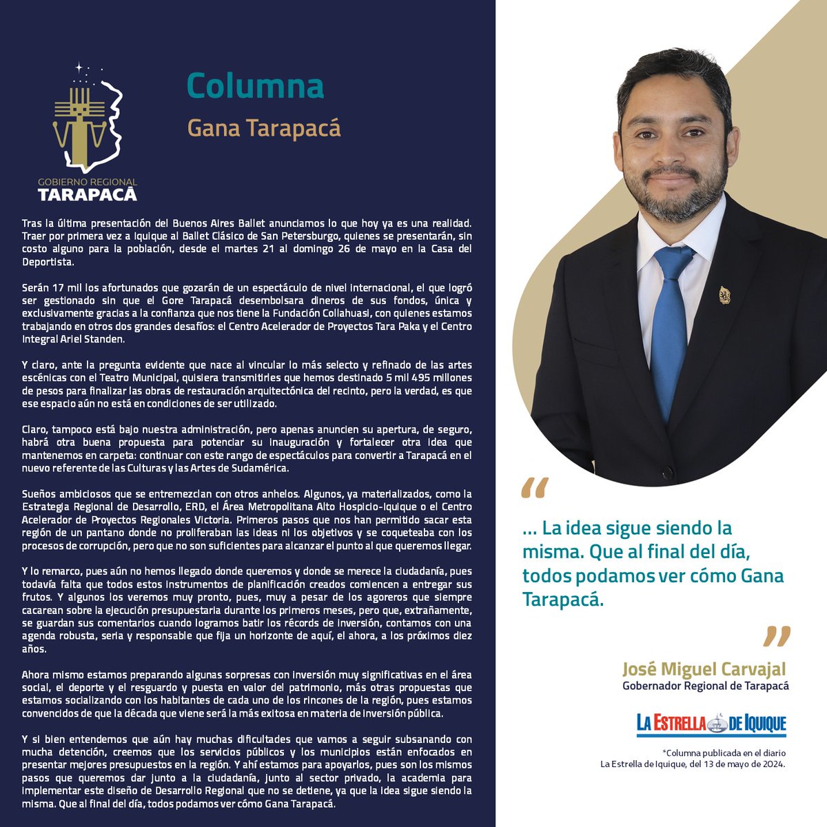 #ColumnaDeOpinión 🗯️ Te invitamos a leer la columna de opinión del Gobernador @JMCarvajalG, 'Gana Tarapacá'. Puedes revisarla en la edición de hoy de @laestrellaiqq. 🗞📲 #GobernandoDesdeLosTerritorios #Iquique #AltoHospicio #PozoAlmonte #Pica #Huara #Camiña #Colchane