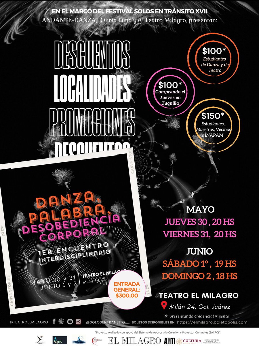 Ya tienes tus boletos? #ElMilagroSeMueve con el Festival #SolosEnTránsitoXVII que qbrirá un nuevo espacio para la experimentación activa, reuniendo a destacados actores, bailarines y performers #NoTeLoPierdas!📆#Mayo 23- #Junio 2 📍@TeatroElMilagro 👉linktr.ee/solosentransito