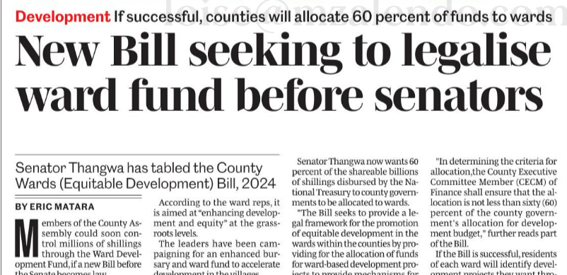 Members of the County Assembly could soon control millions of shillings through the Ward Development Fund, if the County Wards (Equitable Development) Bill, 2024 before the Senate becomes law. via @NationAfrica