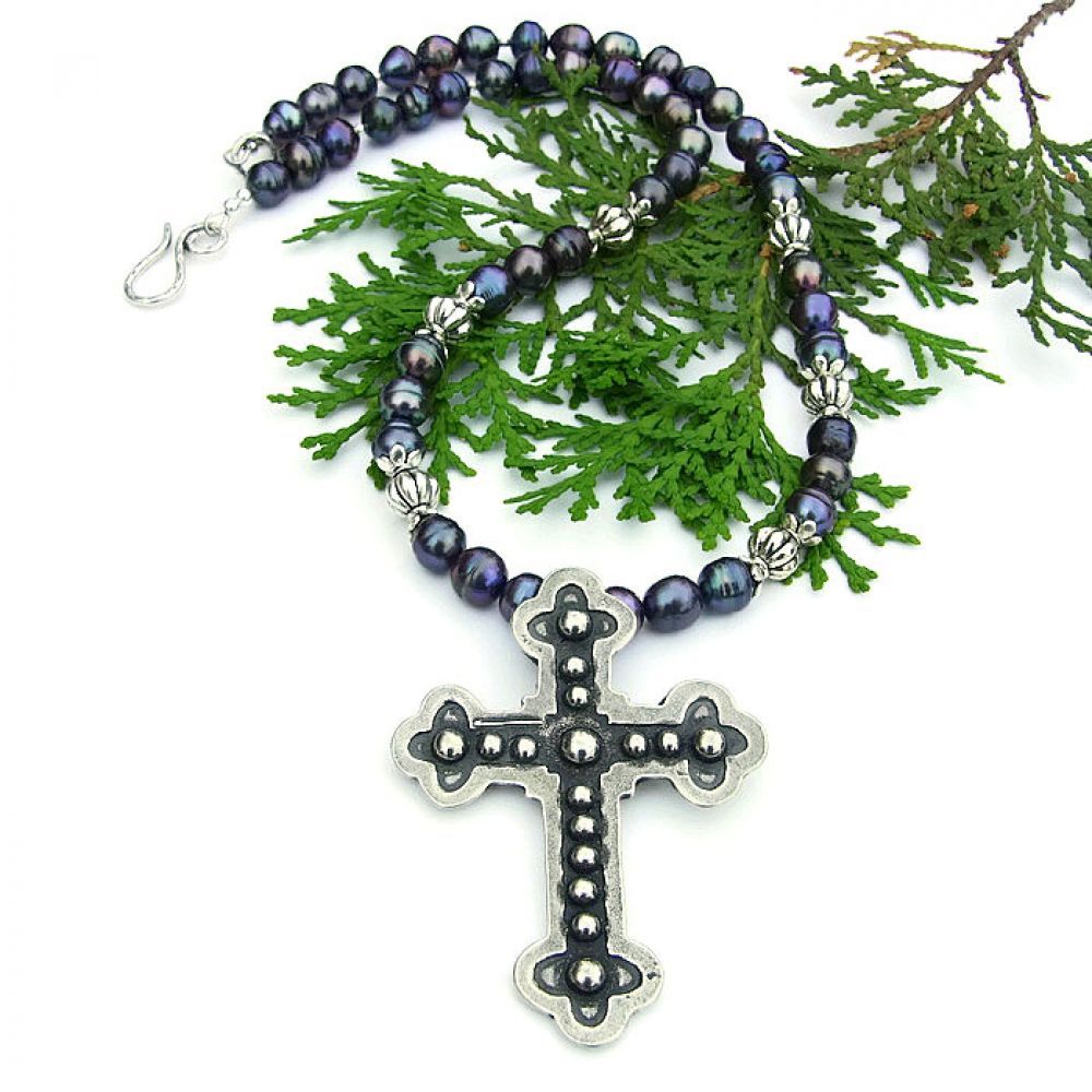 Beautifully symbolic handmade religious jewelry: eye-catching pewter budded cross necklace w/ glowing peacock pearls! bit.ly/LaCreencia via @ShadowDogDesign #ccmtt #ShopSmall #CrossNecklace