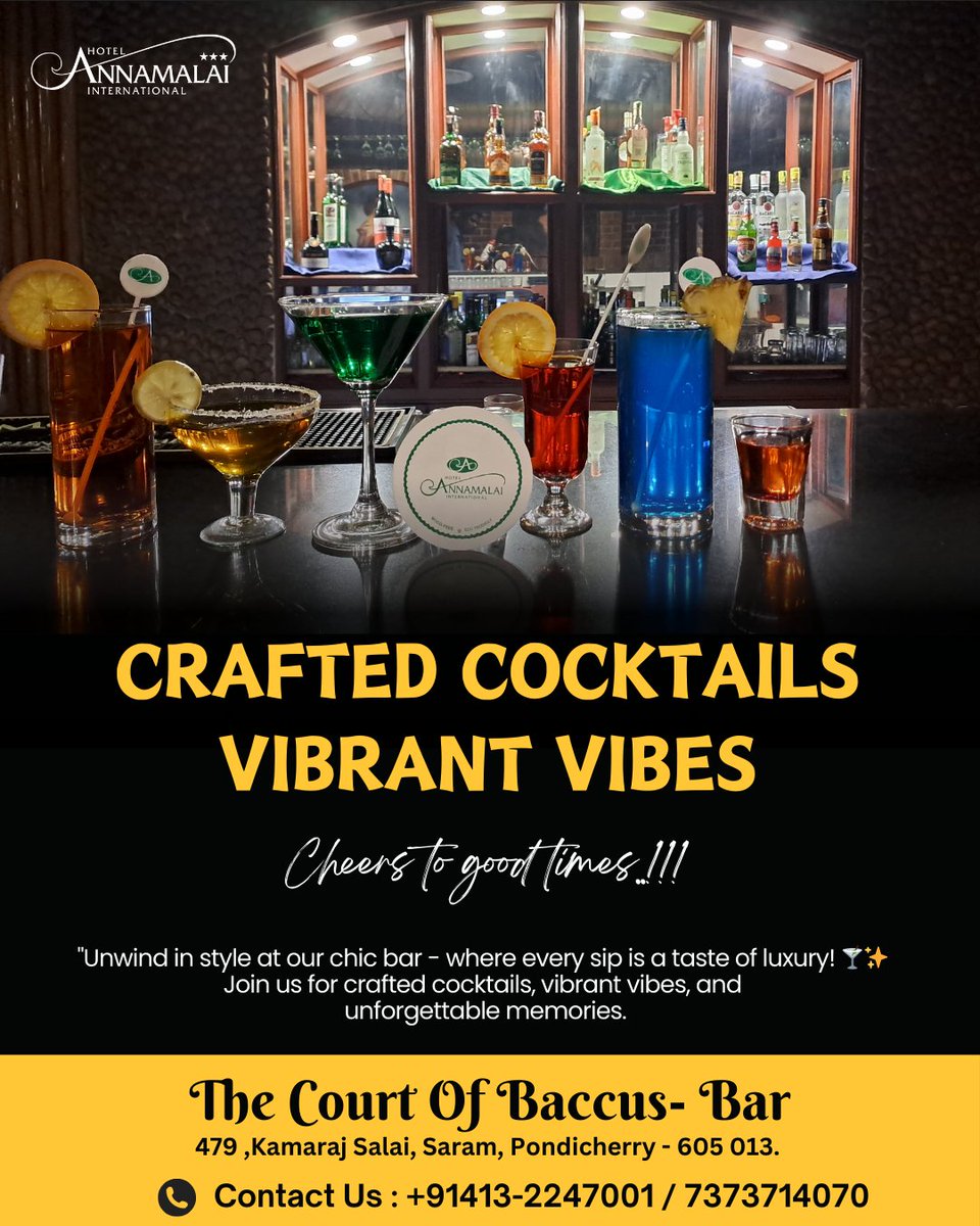 Join us for unforgettable moments and vibrant vibes!

#HotelAnnamalai #HotelannamalaiInternational #hotelannamalaipondy #Summercocktails #Relax #summerholiday #summervibes #drinks🍹 #Happyhour #partytime #Cocktails #mocktails #refreshingdrink #vodkashots #Beer #cool #pondicherry
