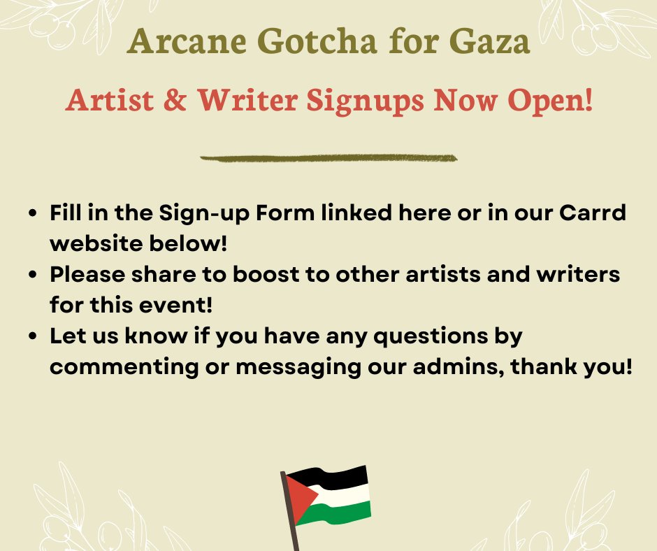 🫒🇵🇸 Sign-ups for Artists & Writers are Now Open! 🇵🇸🫒 #ArcaneGotchaForGaza Check the link to the volunteer form and help fundraise for Gaza by writing or creating art! Details can be found in our website also linked below 🍉 Please like and retweet to share! Thank you! 🍉