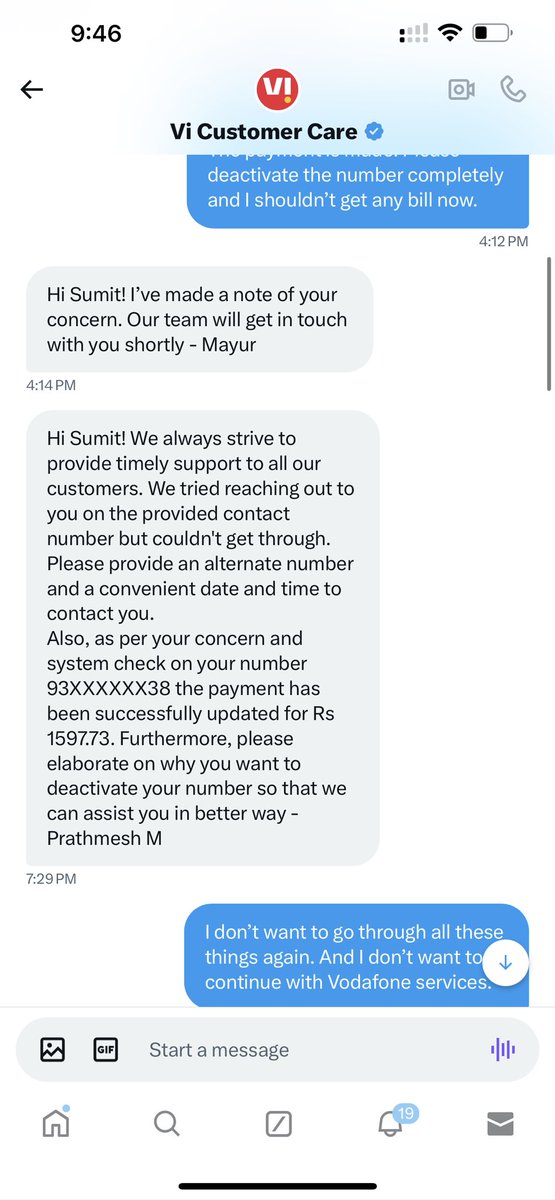 SumitBanarji's tweet photo. This is how Vodafone fooling customers. Even after requesting every possible ways to deactivate the number they’ll not deactivate. Will charge you under favourite scam plan family plan. 

@ViCustomerCare This is the reason I don’t want to continue with Vodafone you scammers. https://t.co/XqWjKL2i5d