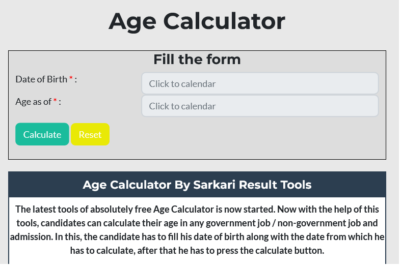 किसी भी भर्ती के लिए अपनी उम्र को Calculate करे वो भी ऑनलाइन फ्री में 
दिन महीने साल भी बताएंगे 
#SarkariResultTools #SarkariResult #AgeCalculator #SRTools 
पहले इस्तेमाल करे फिर Trust करे 
sarkariresult.tools/age_calculator/