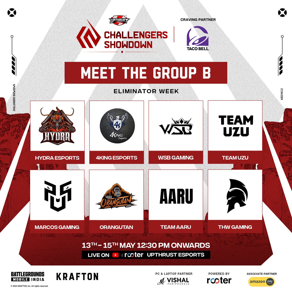 UpthrustGaming's tweet image. Here are the Eliminator Week groups for the Challengers Showdown, powered by Rooter, with Amazon Pay as our associate partner, Vishal Peripherals as our PC and laptop partner, and Taco Bell as our craving partner! 🎮

#ChallengersShowdown #GamingExcitement